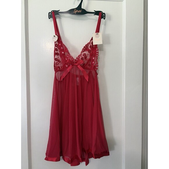 Spree Other - NWT Red Lace Babydoll Lingerie Thong Set Sheer Nightgown Small Spree Intimates